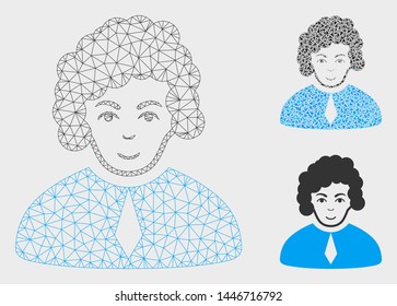 Mesh judge model with triangle mosaic icon. Wire frame polygonal mesh of judge. Vector mosaic of triangle elements in various sizes, and color shades. Abstract flat mesh judge,
