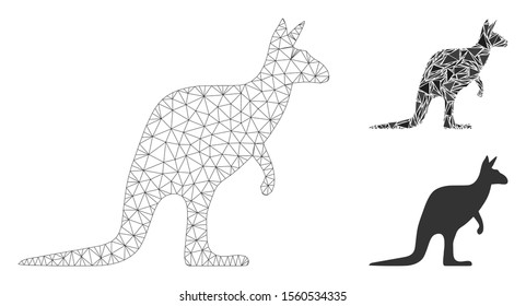 Mesh kangaroo model with triangle mosaic icon. Wire frame triangular mesh of kangaroo. Vector mosaic of triangles in different sizes, and color tints. Abstract flat mesh kangaroo,