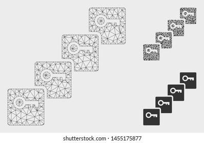 Mesh key blockchain model with triangle mosaic icon. Wire carcass triangular mesh of key blockchain. Vector mosaic of triangle parts in variable sizes, and color shades.