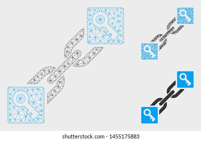 Mesh key blockchain model with triangle mosaic icon. Wire carcass polygonal network of key blockchain. Vector collage of triangle elements in different sizes, and color tones.