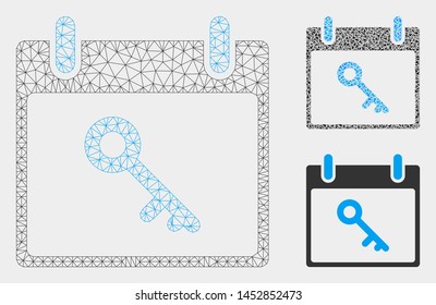 Mesh key calendar day model with triangle mosaic icon. Wire frame polygonal mesh of key calendar day. Vector mosaic of triangle elements in various sizes, and color shades.