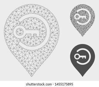 Mesh key login marker model with triangle mosaic icon. Wire carcass polygonal mesh of key login marker. Vector mosaic of triangle parts in different sizes, and color hues.
