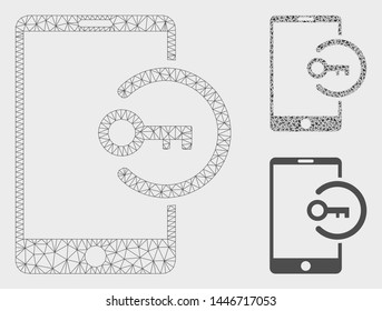 Mesh key login smartphone model with triangle mosaic icon. Wire frame triangular network of key login smartphone. Vector mosaic of triangle parts in various sizes, and color shades.