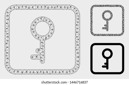 Mesh key model with triangle mosaic icon. Wire carcass triangular mesh of key. Vector collage of triangle elements in various sizes, and color tones. Abstract flat mesh key,