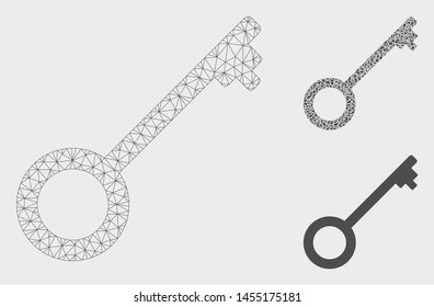Mesh key model with triangle mosaic icon. Wire carcass polygonal mesh of key. Vector mosaic of triangle elements in various sizes, and color tinges. Abstract flat mesh key, designed with triangles.