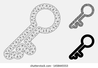 Mesh key model with triangle mosaic icon. Wire frame triangular network of key. Vector mosaic of triangle parts in variable sizes, and color hues. Abstract 2d mesh key, designed with triangular grid.