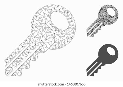 Mesh key model with triangle mosaic icon. Wire frame triangular network of key. Vector mosaic of triangle parts in variable sizes, and color tints. Abstract flat mesh key,