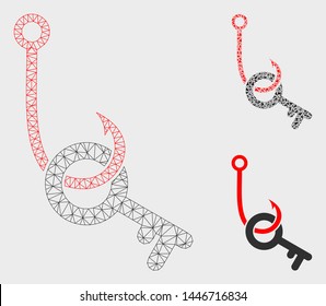 Mesh key phishing hook model with triangle mosaic icon. Wire carcass polygonal mesh of key phishing hook. Vector composition of triangle elements in various sizes, and color tints.