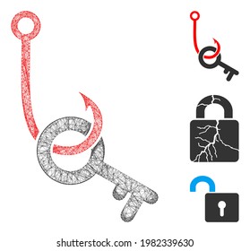 Mesh key phishing hook polygonal web icon vector illustration. Carcass model is based on key phishing hook flat icon. Triangle network forms abstract key phishing hook flat carcass.