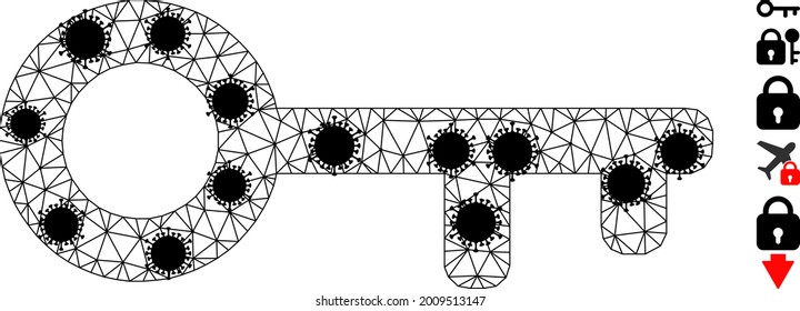 Mesh key polygonal symbol vector illustration, with black infection centers. Abstraction is based on key flat icon, with infection nodes and triangular mesh.
