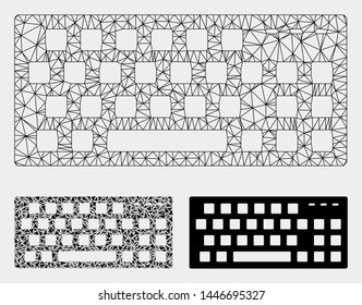 Mesh keyboard model with triangle mosaic icon. Wire carcass triangular mesh of keyboard. Vector mosaic of triangle elements in various sizes, and color hues. Abstract flat mesh keyboard,
