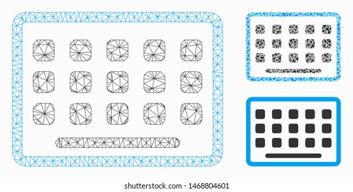 Mesh keyboard model with triangle mosaic icon. Wire frame polygonal mesh of keyboard. Vector composition of triangle elements in variable sizes, and color tones. Abstract flat mesh keyboard,
