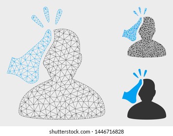 Mesh kickboxer model with triangle mosaic icon. Wire frame triangular mesh of kickboxer. Vector mosaic of triangle parts in variable sizes, and color tones. Abstract 2d mesh kickboxer,