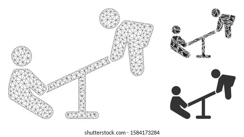 Mesh kid swing model with triangle mosaic icon. Wire carcass triangular network of kid swing. Vector mosaic of triangle parts in various sizes, and color tints. Abstract flat mesh kid swing,