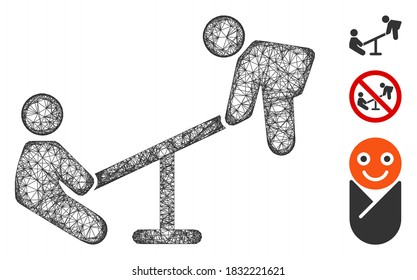 Mesh kid swing polygonal web 2d vector illustration. Carcass model is based on kid swing flat icon. Triangular network forms abstract kid swing flat model.