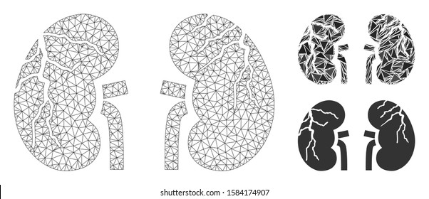 Mesh kidneys cancer model with triangle mosaic icon. Wire frame triangular mesh of kidneys cancer. Vector collage of triangle parts in different sizes, and color shades.