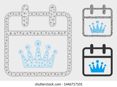 Mesh king day model with triangle mosaic icon. Wire frame triangular mesh of king day. Vector composition of triangle elements in various sizes, and color tints. Abstract 2d mesh king day,
