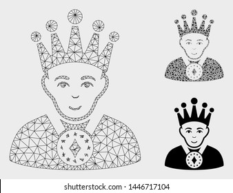 Mesh king model with triangle mosaic icon. Wire carcass polygonal network of king. Vector mosaic of triangle parts in different sizes, and color tints. Abstract 2d mesh king,