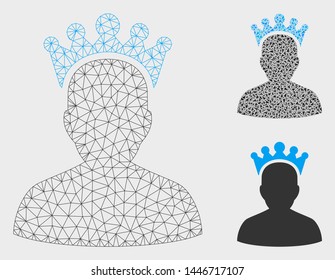 Mesh king model with triangle mosaic icon. Wire frame triangular mesh of king. Vector collage of triangle elements in variable sizes, and color hues. Abstract flat mesh king,