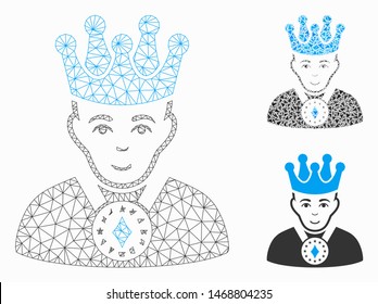 Mesh king model with triangle mosaic icon. Wire frame polygonal mesh of king. Vector mosaic of triangle elements in variable sizes, and color shades. Abstract 2d mesh king,