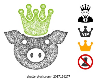 Mesh king pig web symbol vector illustration. Carcass model is based on king pig flat icon. Mesh forms abstract king pig flat model. Wire frame flat line network isolated on a white background.