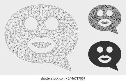 Mesh kiss smiley message model with triangle mosaic icon. Wire carcass polygonal mesh of kiss smiley message. Vector mosaic of triangle parts in variable sizes, and color hues.