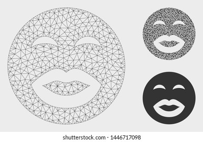 Mesh kiss smiley model with triangle mosaic icon. Wire carcass triangular network of kiss smiley. Vector mosaic of triangle elements in variable sizes, and color shades. Abstract 2d mesh kiss smiley,