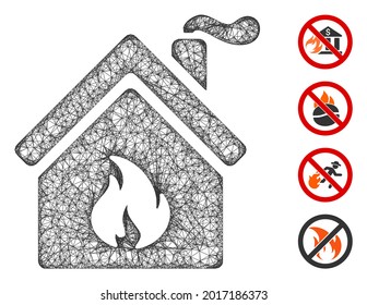 Mesh kitchen fire web icon vector illustration. Carcass model is created from kitchen fire flat icon. Net forms abstract kitchen fire flat model.