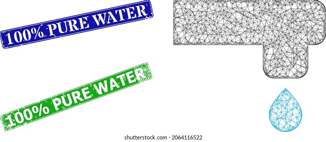 Mesh kitchen tap image, and 100 percent Pure Water blue and green rectangle grunge seal imitations. Mesh carcass illustration is designed with kitchen tap pictogram.