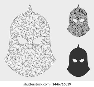 Mesh knight helmet model with triangle mosaic icon. Wire frame triangular mesh of knight helmet. Vector mosaic of triangle elements in variable sizes, and color hues. Abstract 2d mesh knight helmet,