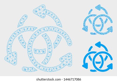 Mesh knot rotation model with triangle mosaic icon. Wire frame polygonal network of knot rotation. Vector mosaic of triangle elements in variable sizes, and color shades.