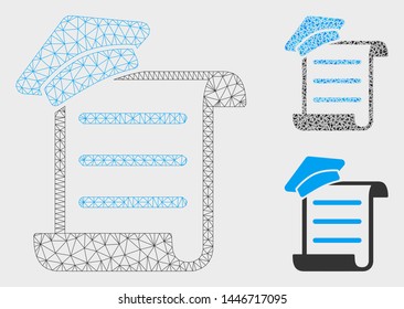 Mesh knowledge parchment model with triangle mosaic icon. Wire frame polygonal mesh of knowledge parchment. Vector composition of triangle elements in various sizes, and color tinges.
