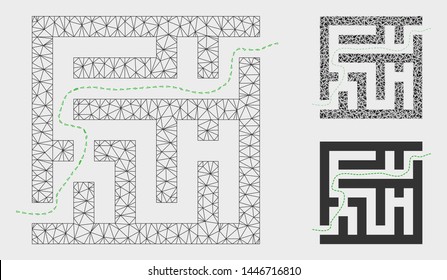 Mesh labyrinth route model with triangle mosaic icon. Wire carcass triangular network of labyrinth route. Vector mosaic of triangle elements in various sizes, and color tints.