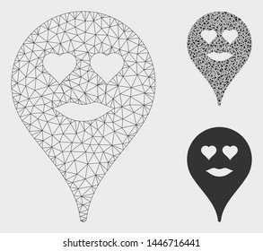 Mesh lady love smiley map marker model with triangle mosaic icon. Wire frame triangular mesh of lady love smiley map marker. Vector mosaic of triangle elements in different sizes, and color shades.