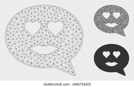 Mesh lady love smiley message model with triangle mosaic icon. Wire frame polygonal mesh of lady love smiley message. Vector composition of triangle parts in different sizes, and color tinges.