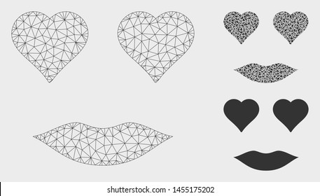 Mesh lady love smiley model with triangle mosaic icon. Wire carcass triangular mesh of lady love smiley. Vector mosaic of triangle elements in variable sizes, and color tones.