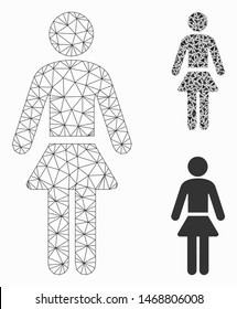 Mesh lady model with triangle mosaic icon. Wire carcass triangular mesh of lady. Vector mosaic of triangle elements in different sizes, and color tones. Abstract flat mesh lady,