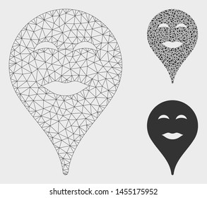 Mesh lady pleasure smiley map marker model with triangle mosaic icon. Wire carcass polygonal mesh of lady pleasure smiley map marker. Vector mosaic of triangles in different sizes, and color tones.