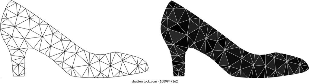 Mesh lady shoe polygonal 2d illustrations, filled and carcass versions. Vector net mesh lady shoe icons. Linear carcass and filled 2D net geometric images based on lady shoe icon.