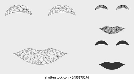 Modelo de sonrisa de dama de malla con icono de mosaico triangular. Marco de alambre red poligonal de sonrisa de dama. Mosaico vectorial de elementos triangulares de diferentes tamaños y tintes de color. Una sonrisa de malla plana abstracta,