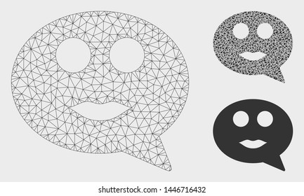 Mesh lady smiley message model with triangle mosaic icon. Wire frame polygonal mesh of lady smiley message. Vector collage of triangle elements in variable sizes, and color hues.
