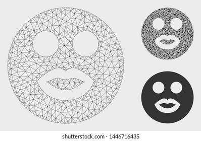 Mesh lady smiley model with triangle mosaic icon. Wire frame triangular mesh of lady smiley. Vector collage of triangle parts in variable sizes, and color shades. Abstract flat mesh lady smiley,