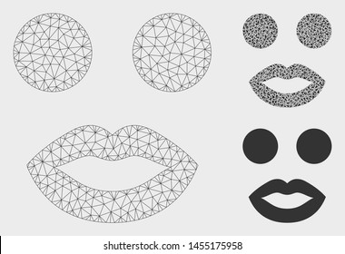 Mesh lady smiley model with triangle mosaic icon. Wire carcass polygonal mesh of lady smiley. Vector mosaic of triangle parts in variable sizes, and color tinges. Abstract flat mesh lady smiley,