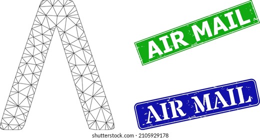 Mesh Lambda Greek symbol image, and Air Mail blue and green rectangle textured seals. Mesh carcass image is based on Lambda Greek symbol icon. Stamps contain Air Mail title inside rectangle form.