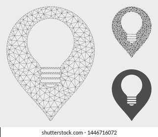 Mesh lamp bulb marker model with triangle mosaic icon. Wire frame triangular mesh of lamp bulb marker. Vector mosaic of triangles in various sizes, and color hues. Abstract 2d mesh lamp bulb marker,