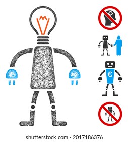 Mesh lamp head robot web icon vector illustration. Carcass model is based on lamp head robot flat icon. Network forms abstract lamp head robot flat model.