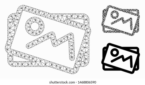 Mesh landscape pictures model with triangle mosaic icon. Wire frame triangular mesh of landscape pictures. Vector mosaic of triangle parts in different sizes, and color tints.