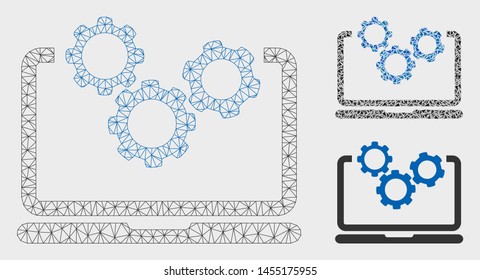 Mesh laptop and gears model with triangle mosaic icon. Wire frame polygonal mesh of laptop and gears. Vector mosaic of triangles in variable sizes, and color tones.