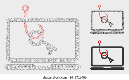 Mesh laptop key phishing model with triangle mosaic icon. Wire carcass triangular mesh of laptop key phishing. Vector mosaic of triangle elements in variable sizes, and color shades.
