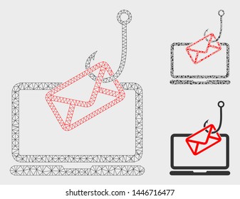 Mesh laptop mail phishing model with triangle mosaic icon. Wire carcass triangular mesh of laptop mail phishing. Vector mosaic of triangles in various sizes, and color tinges.